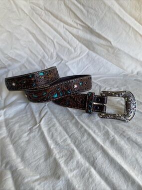 Ariat Womens Medium Tooled Leather Belt Brown Turquoise Inlay Rhinestone Accents
